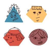 Cute cartoon set of comic faces with furious, arrogant, friendly, irritated emotions in geometric shapes. Hand drawn crayon caricature emoticons with different expressions isolated on white. vector