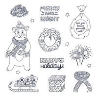 Cute Xmas and New Year line doodle set. Hand drawn collection of bear in winter clothes, Christmas fir wreath, pack with presents, firework. Childish yuletide decorations isolated on background. vector