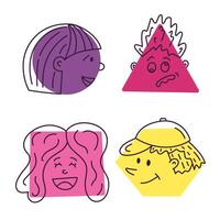 Cute colorful comic faces icon set with joyful, frustrated, laughing emotions in geometric shapes. Hand drawn crayon caricature with various feelings. Outline humor characters isolated on white. vector
