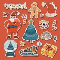 Cute Xmas and New Year sticker set with merry colourful doodle for planners, notebooks. Ready for print list of kids stickers with Christmas tree in globe, Santa Claus, garland, sleigh with presents vector