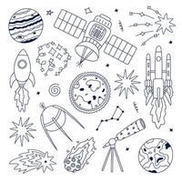 Cute sketch space and astronomy set with spaceship, satellite, the Sun, asteroid, planet, rocket, falling star. Childish symbols of universe. Hand drawn line doodle collection isolated on background. vector