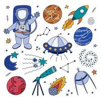 Cute colorful doodle cosmos and astronomy set with cosmonaut, UFO ship, satellite, Pluto and Mars, star dust, space jet. Childish symbols of galaxy. Hand drawn collection isolated on background. vector