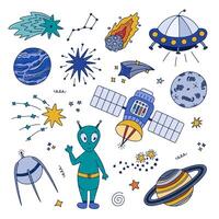 Cute colorful doodle space and astronomy set with alien, flying saucer, satellite, planet Neptune, Big Dipper. Childish symbols of galaxy. Hand drawn outline collection isolated on background. vector
