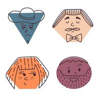 Cute cartoon set of comic faces with negative emotions in geometric shapes. Hand drawn crayon caricature emoticons with crying, frowning, serious, evil feelings isolated on white background. vector