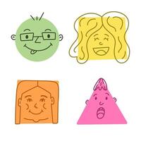 Cute cartoon set of comic faces with laughing, playful, shocked emotions in geometric shapes. Hand drawn crayon caricature emoticons with expressions in circle, triangle, rectangle isolated on white vector