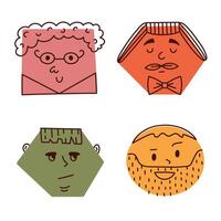 Cute colorful comic faces icon set with positive and negative emotions in geometric shapes. Hand drawn crayon caricature emoticons with various feelings. Outline humor characters isolated on white. vector