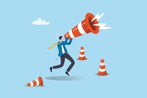 Communicate urgent message, warning or danger alert, broadcast announcement, attention or loudspeaker screaming advertising concept, businessman shouting loud voice message on big safety pylon. vector