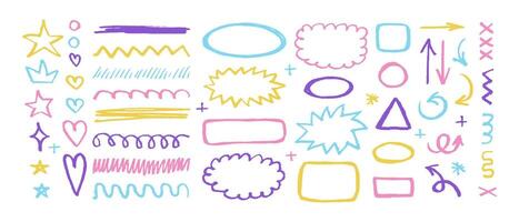 Crayon drawn doodle set, different shapes, line and simple elements. Hand drawn brush highlight, arrow, speech bubble cloud, illustrations vector