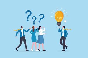 Question answer, advice or suggestion, solving problem with solution, q and a or faq, quiz or solution discovery, information guidance concept, businessman offer solution for people question marks. vector