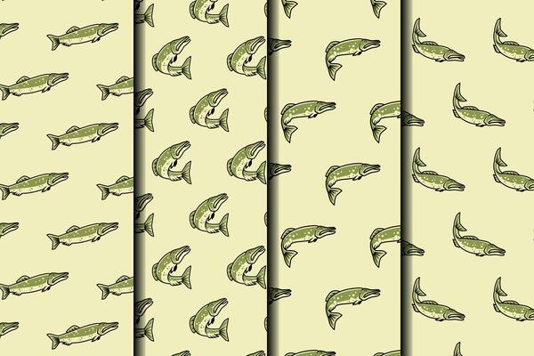 northern pike fish with various poses seamless pattern on green background set. sea northern pike fish illustration pattern background collection for fish shop, fishing sport, restaurant seafood