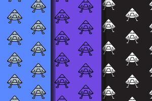 cone shaped spaceship colorful pattern on blue, purple, black background set. doodle spaceship outline symbol seamless pattern background. funny galaxy ship seamless pattern for decor and merchandise vector
