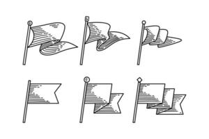 flag with pole engraved style icon illustration collection. set of flag and pole line art element designs. doodle of flag with pole decorative element design. hand drawn flags symbol for decor vector