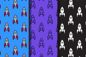 rocket lunch colorful pattern on blue, purple, black background set. doodle rocker spaceship outline symbol seamless pattern background. funny galaxy rocket seamless pattern for decor and merchandise vector