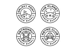 astronaut, planet with flag pole, surface meteor, spaceship landing on moon outline modern illustration badge logo design set for astronautic, science, galaxy, space, adventure, kids merchandise vector