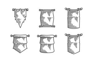 flag vertical with pole engraved style icon illustration collection. set of flag vertical hand drawn line art symbol element designs. doodle of flag vetical decorative element designs vector