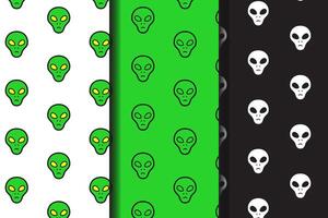 alien head colorful pattern on white, green, black background set. doodle alien space outline symbol seamless pattern background. funny galaxy creature seamless pattern for decor and merchandise vector