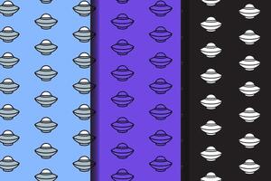 ufo spaceship colorful pattern on blue, purple, black background set. doodle ufo spacecraft outline symbol seamless pattern background. funny galaxy ufo seamless pattern for decor and merchandise vector