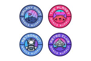 planet with flag pole, surface meteor, spaceship landing on moon, astronaut colorful modern illustration badge logo design set for astronautic, science, galaxy, space, adventure, kids merchandise vector
