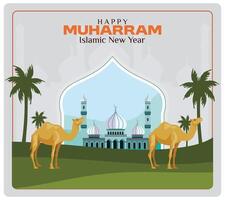 Fun Islamic New Year greeting card with camel and mosque. vector