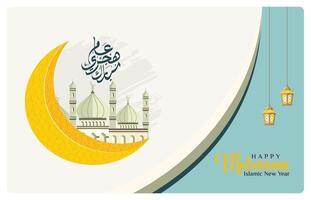 Islamic New Year celebration with crescent moon and mosque. vector