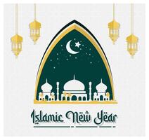 Islamic New Year greeting card with mosque and lantern design. vector