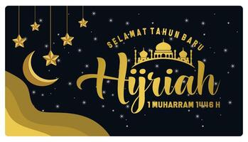 Elegant Hijri New Year greeting card with star and crescent moon. vector