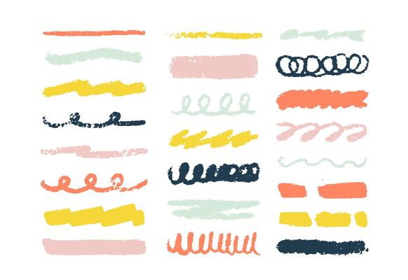 Color chalk color doodle lines. Big set, handwriting brush strokes, crayon pencil underlines. Sketch Charcoal straight horizontal lines. Scribble bright strokes. Grunge smears, thick dividers