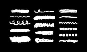 Chalk white handwriting lines, brush strokes, crayon pencil underlines on blackboard. Sketch Charcoal straight horizontal lines. Scribble bright strokes. Grunge smears, thin and thick dividers vector