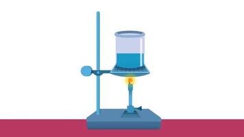 beaker chemistry, chemical reaction, science experiment setup with colorful test tube, a round bottom flask heated over a flame, educational materials focusing on chemistry, scientific experimentation video