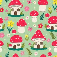 Seamless pattern of fly agarics and fairy houses of fly agarics. graphics. vector