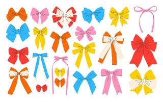 Simple Collection of Colorful Hand Drawn Ribbon Bows. Bow for Decoration, Large Set of Butterflies. Large Set of Retro Ribbon Illustrations. Set of Various Cartoon Bows, Delicate Gift Ribbons vector