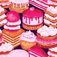 Colorful seamless pattern featuring a variety of decadent desserts like layer cakes, cupcakes, and pastries in cream. Design for bakery branding, fabric designs, or packaging vector