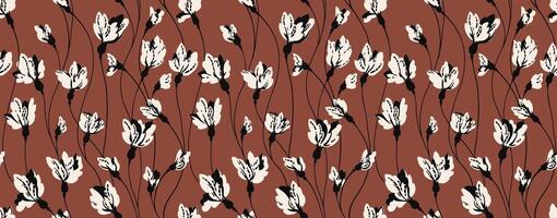 Creative florals stems intertwined in a pattern on a brown background. Abstract branches with tiny flower buds seamless print. hand drawing. Simple ornament for designs, textiles, fabric, cover vector