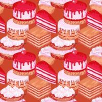 Colorful seamless pattern featuring a variety of decadent desserts like layer cakes, cupcakes, and pastries cream in shades brown background. Design for bakery branding, fabric designs, packaging. vector