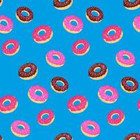 Fun and playful seamless pattern featuring colorful donuts with pink and chocolate frosting on a vibrant blue background. Designs for fabric, stationery, wrapping paper, and food-related designs vector