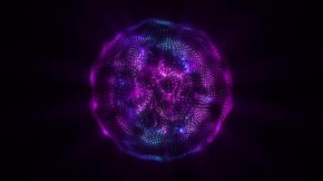 Abstract round sphere of shiny pink and blue particles of magical glow on a dark background, energy ball of bright dots, movement of a spherical ball. Seamless looping 4k video