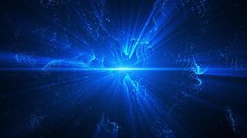 Abstract digital waves emit bright rays of light and swirl with wave energy on a blue background, big data visualization, futuristic and technological, 3D, 4K, seamless loop. video