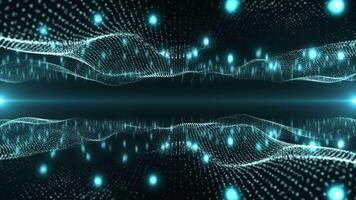 Abstract glowing wave from of particles and dots moves on a blue background, big data visualization, futuristic and digital background, 3D, 4K, video