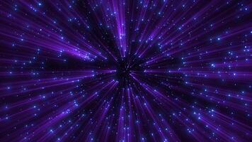 Animation of abstract glowing shiny particles with light rays. Flying bright dots, dust particles on a purple background. seamless loop video