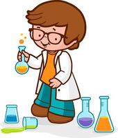 Boy at a school laboratory using chemistry test tubes, doing science experiments. Scientist child at school in chemistry class. vector