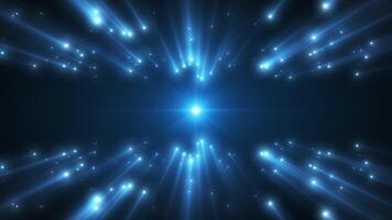 Abstract scene of futuristic cyber world. Animation of abstract glowing shiny particles with light rays. Bright light stripes. Flying bright dots, dust particles on a blue background. seamless loop video