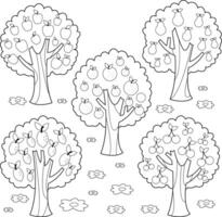 Fruit trees. Set of fruit orchard trees. Apple tree, Pear tree, orange tree, lemon tree and cherry tree in the farm or garden. Black and white coloring page vector