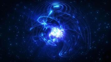 Abstract round sphere made of shiny blue magic glow particles on a dark background, energy ball made of bright dots, spherical movement of the ball. Atomic or molecular science video