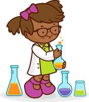 Student girl using chemistry test tubes and doing science experiments at school. Scientist child at school in chemistry class. vector