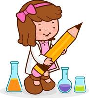 Scientist student girl child at science class holding a big pencil and taking notes for a chemistry experiment at school. vector