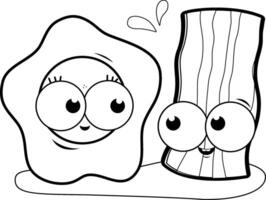 Fried eggs and bacon characters for breakfast. Cartoon egg and a bacon character. Black and white coloring page. vector