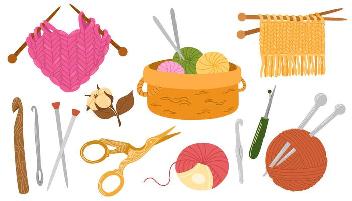 Knitting set. Yarn and threads, skein of wool, knitting needles, yarn basket, weaving wool, scissors pack. Needlework, tools for sewing and knitting collection. Flat illustration isolated