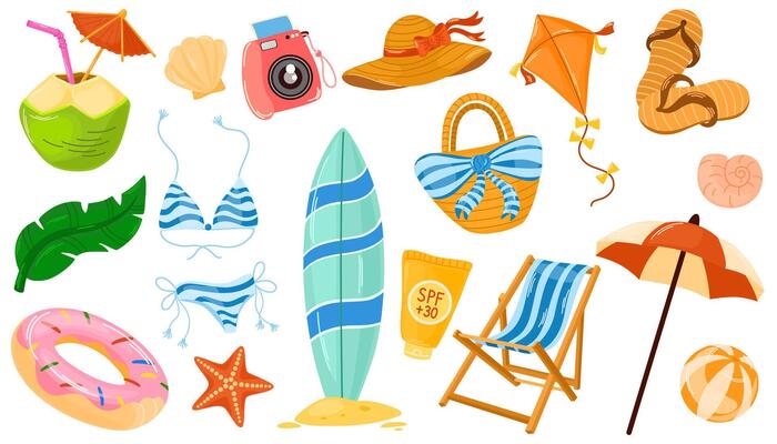 Summer Stickers Set. Collection of scrapbooking elements for holiday and beach party. Tropical vacation. Bright summertime poster. Hand draw illustration isolated on the white background.