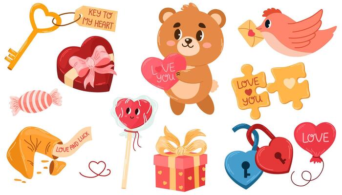 Romantic elements for Valentine's day. Hearts, sweets, flowers, cupcakes, gifts and other cute items. illustrations for valentines day, stickers, greeting cards isolated on the white background