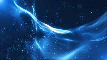 Abstract glowing digital cyber wave consisting of particles and dots moving on a blue background and flying dots of dust and glitter. big data visualization, futuristic and technological, 3D, 4K video